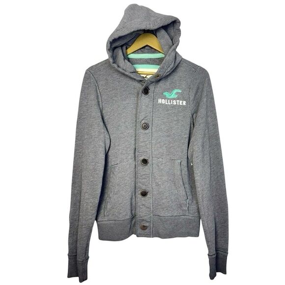 Y2K Hollister Womens Henley Hoodie Cardigan Size S Gray Button Up Jacket Preppy - Picture 1 of 10